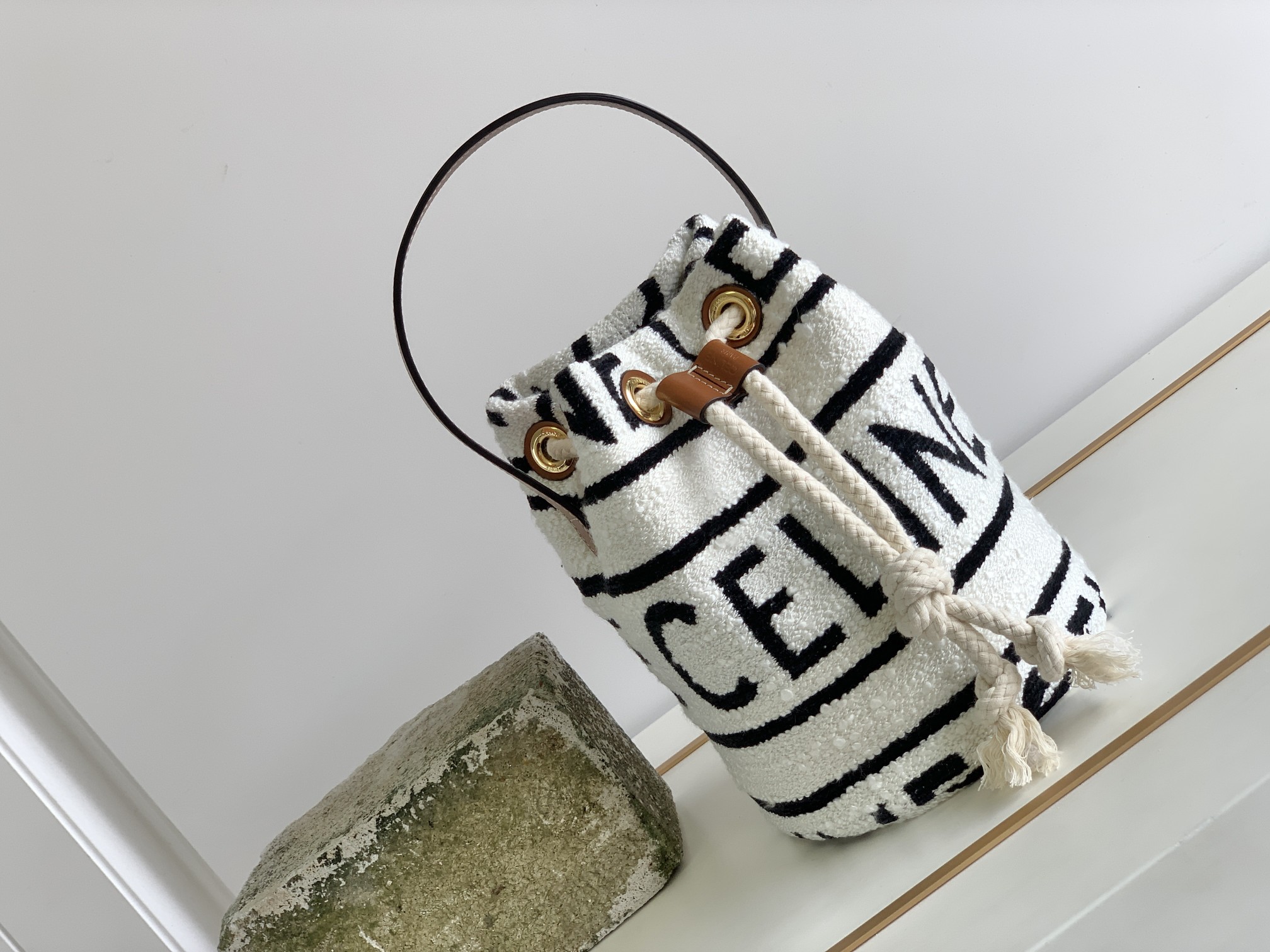 1:1 Replica Celine Teen Drawstring In Textile With Celine All-Over White/Black For Women 7in/19cm - Image 5