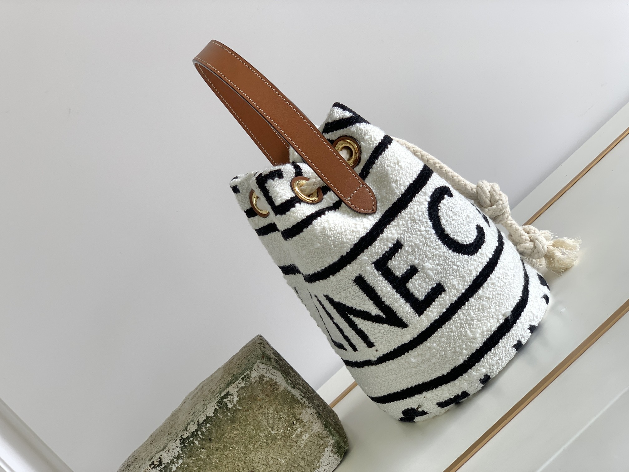1:1 Replica Celine Teen Drawstring In Textile With Celine All-Over White/Black For Women 7in/19cm - Image 8