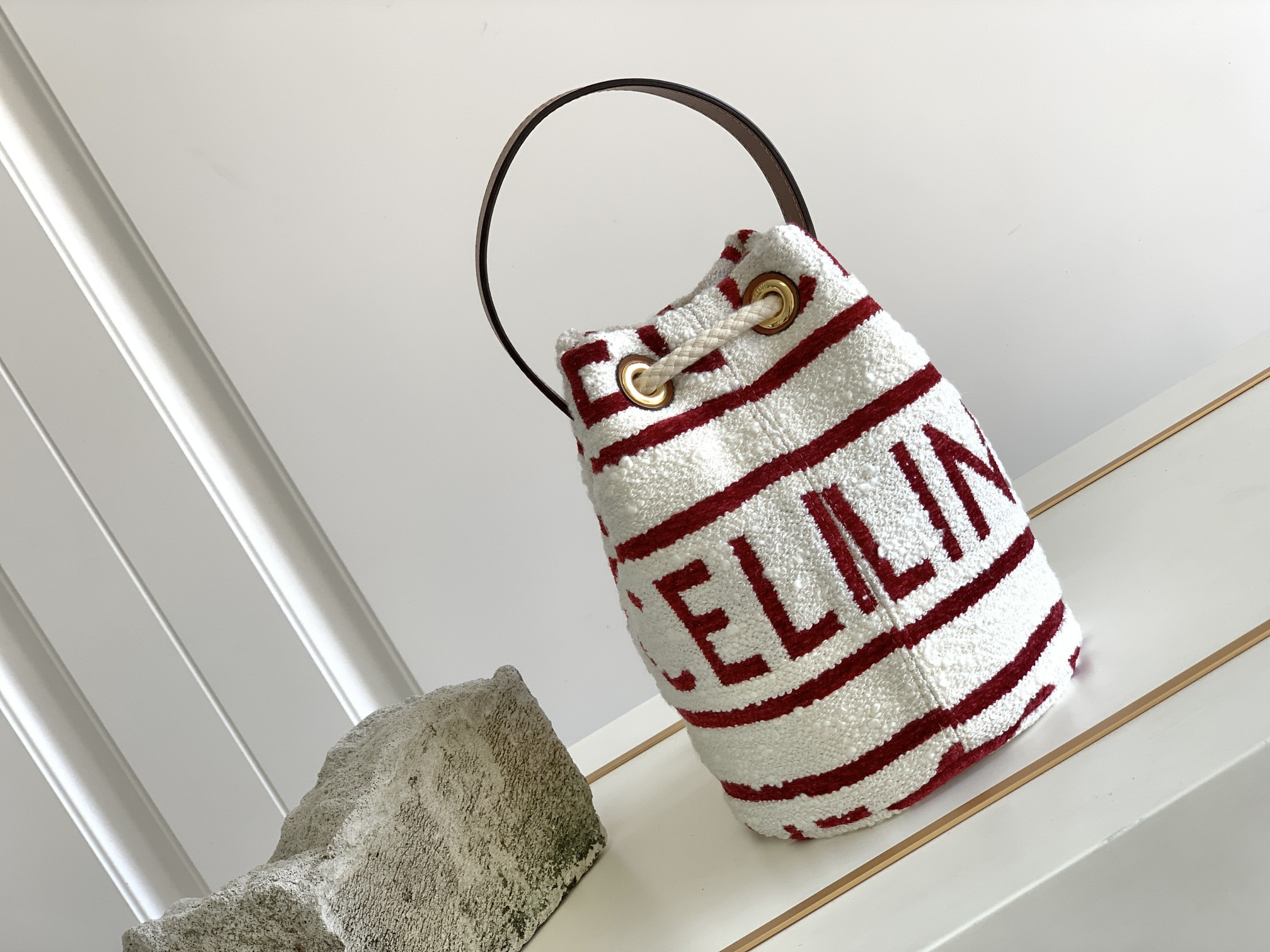 1:1 Replica Celine Teen Drawstring In Textile With Celine All-Over White/Red For Women 7in/19cm - Image 4