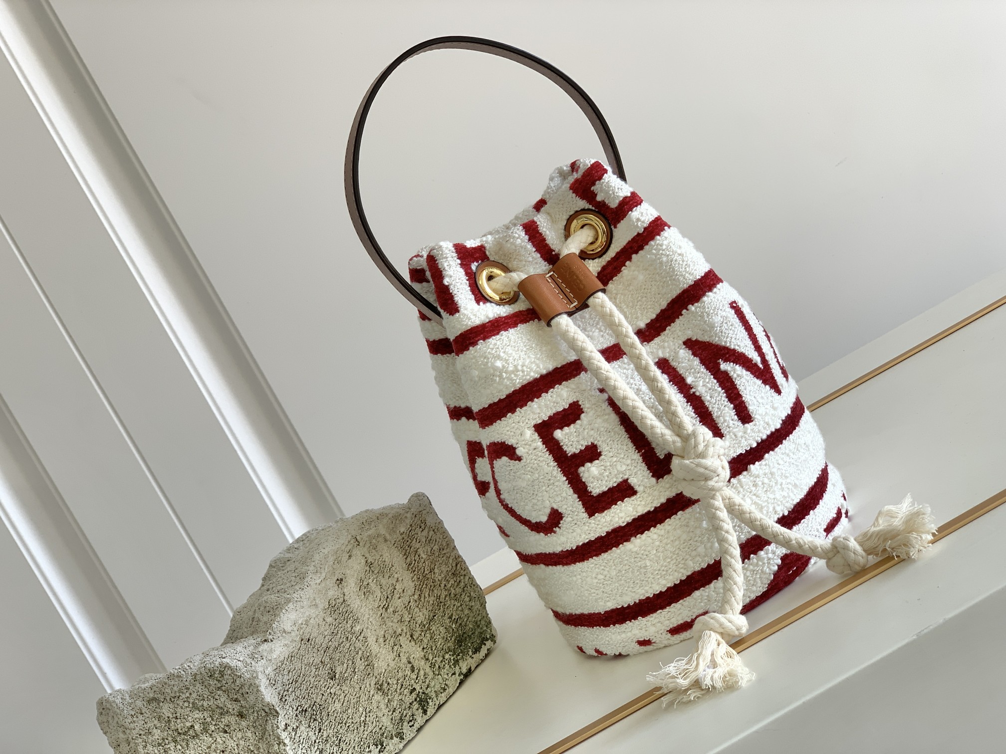1:1 Replica Celine Teen Drawstring In Textile With Celine All-Over White/Red For Women 7in/19cm