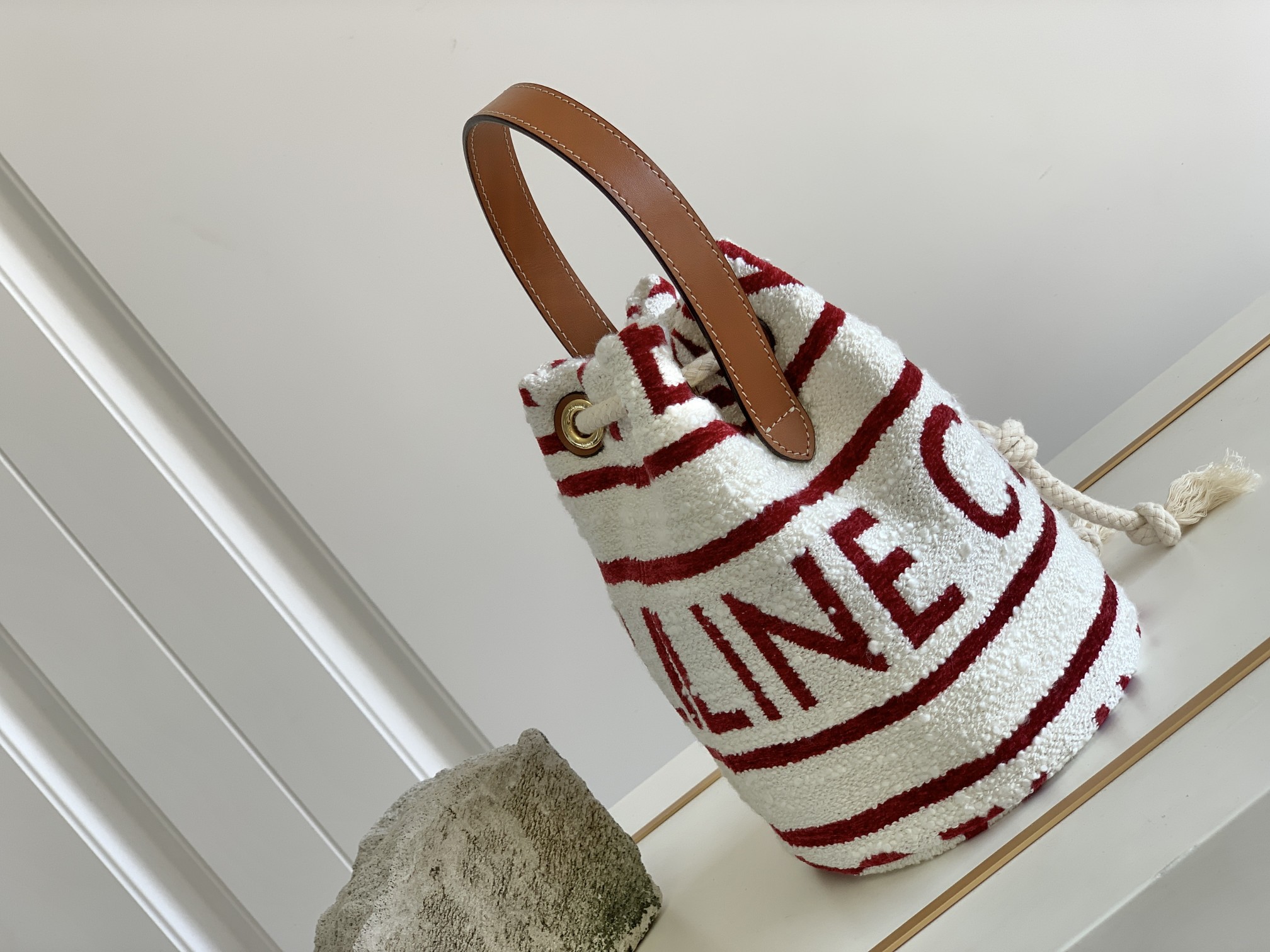 1:1 Replica Celine Teen Drawstring In Textile With Celine All-Over White/Red For Women 7in/19cm - Image 7