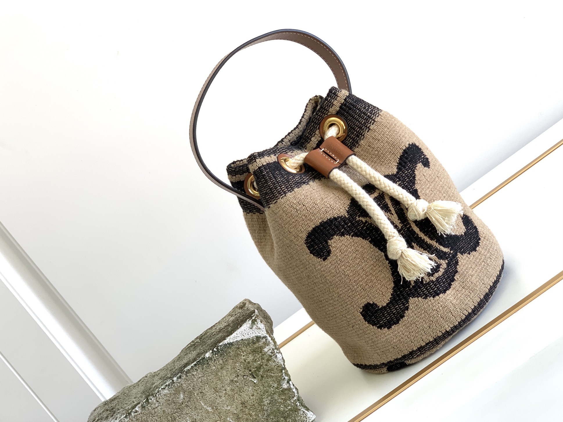 1:1 Replica Celine Teen Drawstring In Textile With Triomphe Beige / Tan For Women 6in/15cm 196532EFZ.02ET