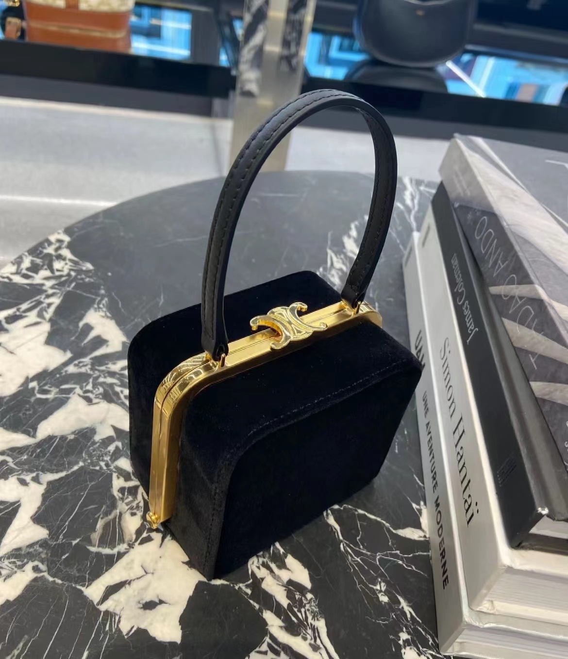 1:1 Replica Celine Triomphe Hardshell Velvet Bag Black For Women 4in/10cm - Image 2