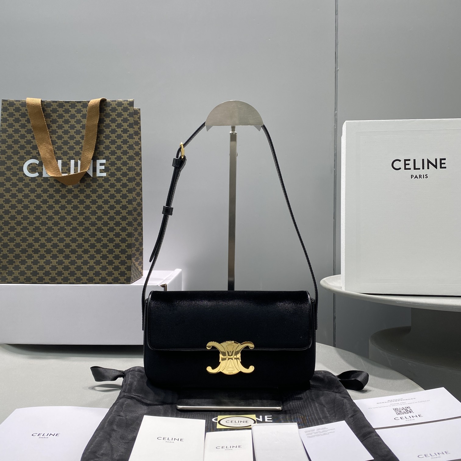 1:1 Replica Celine Triomphe Shoulder Bag Black For Women 8in/20cm