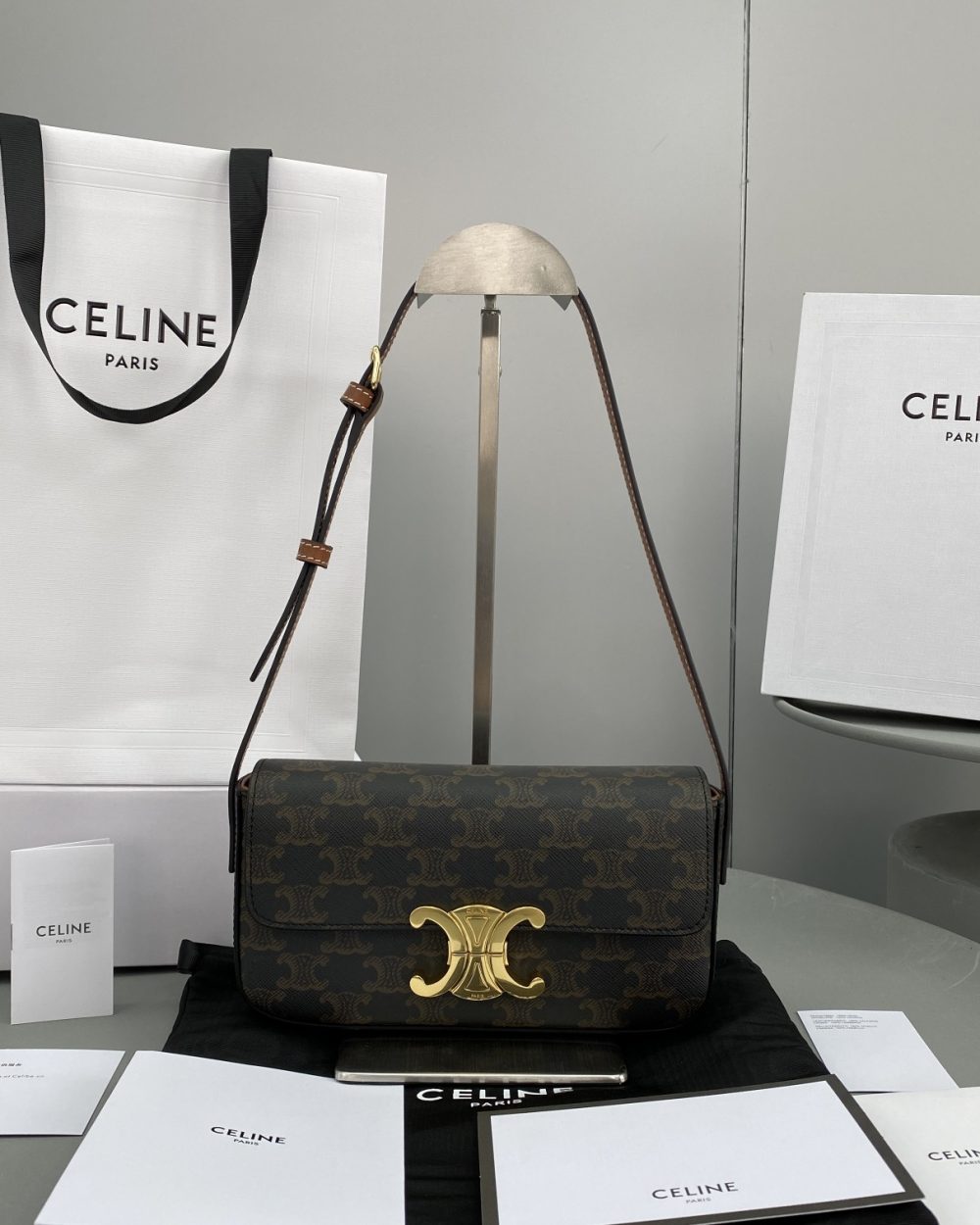 1:1 Replica Celine Triomphe Shoulder Bag In Triomphe Canvas Tan For Women 8in/20cm 194142CUZ.04LU