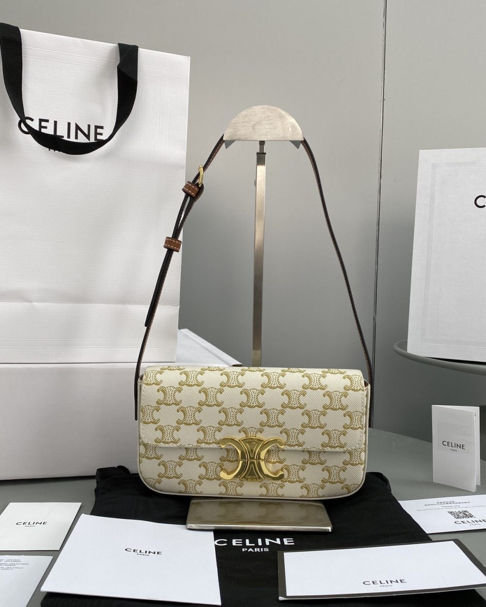 1:1 Replica Celine Triomphe Shoulder Bag In Triomphe Canvas White For Women 8in/20cm 194142CUZ.01BC