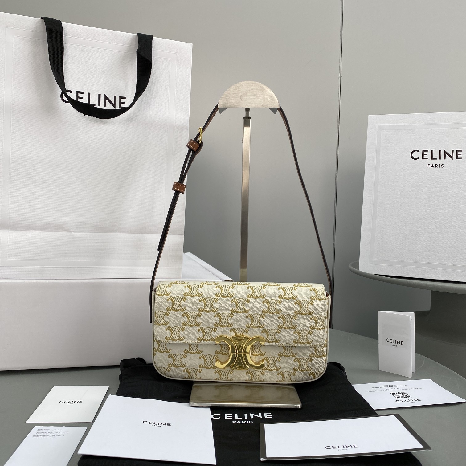 1:1 Replica Celine Triomphe Shoulder Bag In Triomphe Canvas White For Women 8in/20cm 194142CUZ.01BC