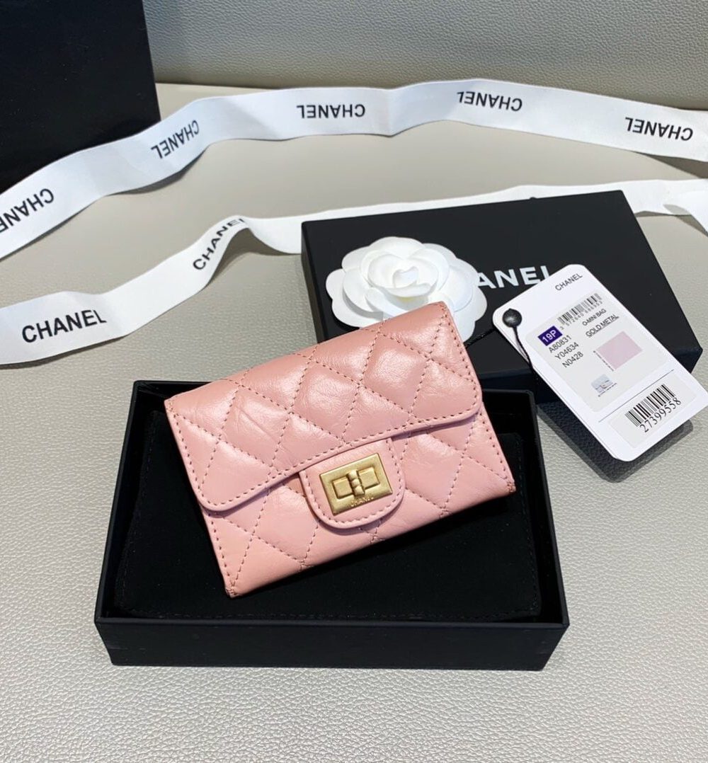 1:1 Replica Chanel 2.55 Flap Card Holder 4.4in/11cm Gold Toned Hardware For Women Light Pink A80831