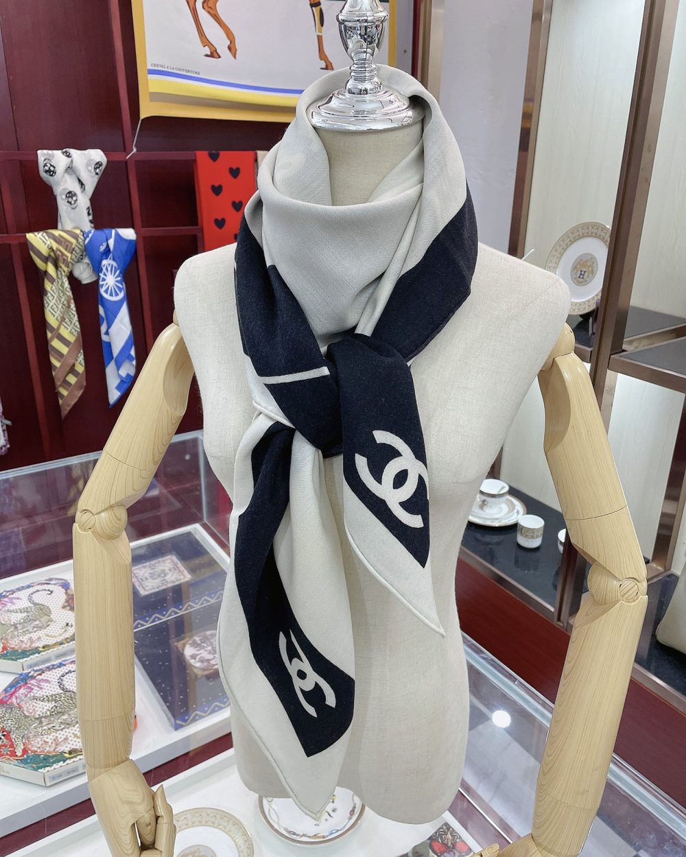 Chanel 31 Rue Cambon Pattern in Black and White Square Scarf 140cm/55in 