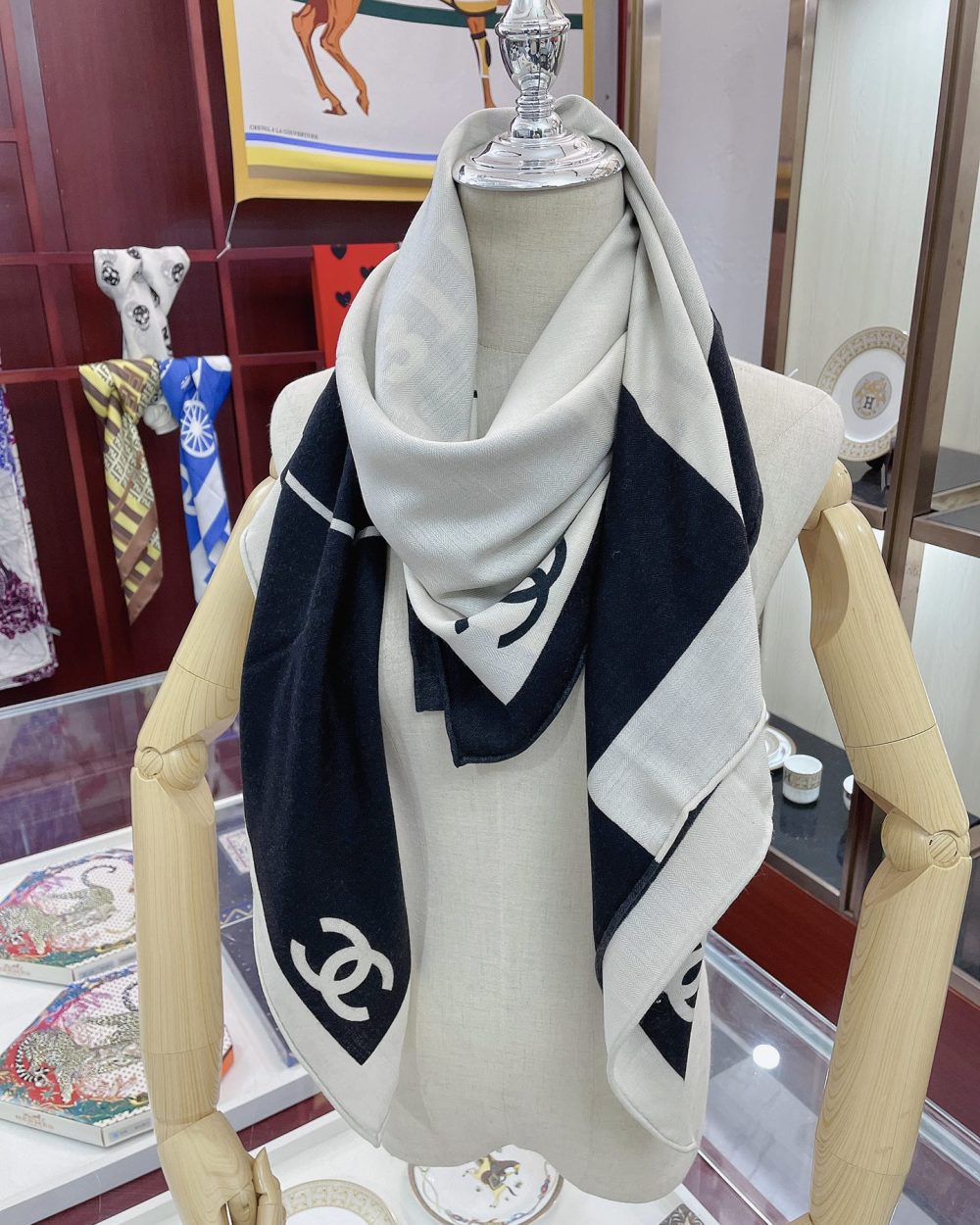 Chanel 31 Rue Cambon Pattern in Black and White Square Scarf 140cm/55in 