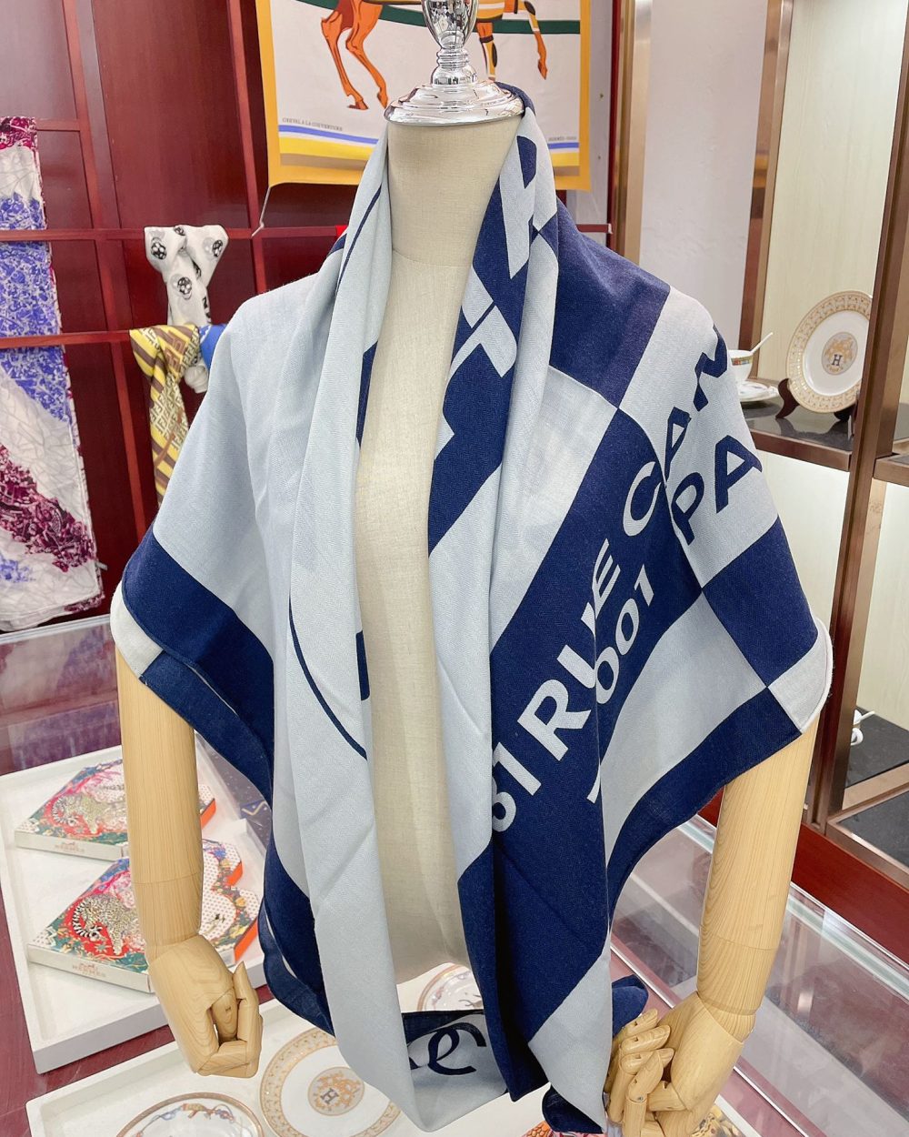 Chanel 31 Rue Cambon Pattern in Blue and White Square Scarf 140cm/55in 