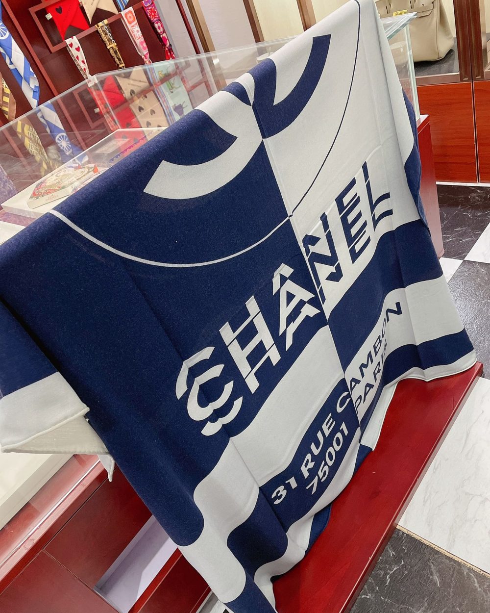 Chanel 31 Rue Cambon Pattern in Blue and White Square Scarf 140cm/55in 