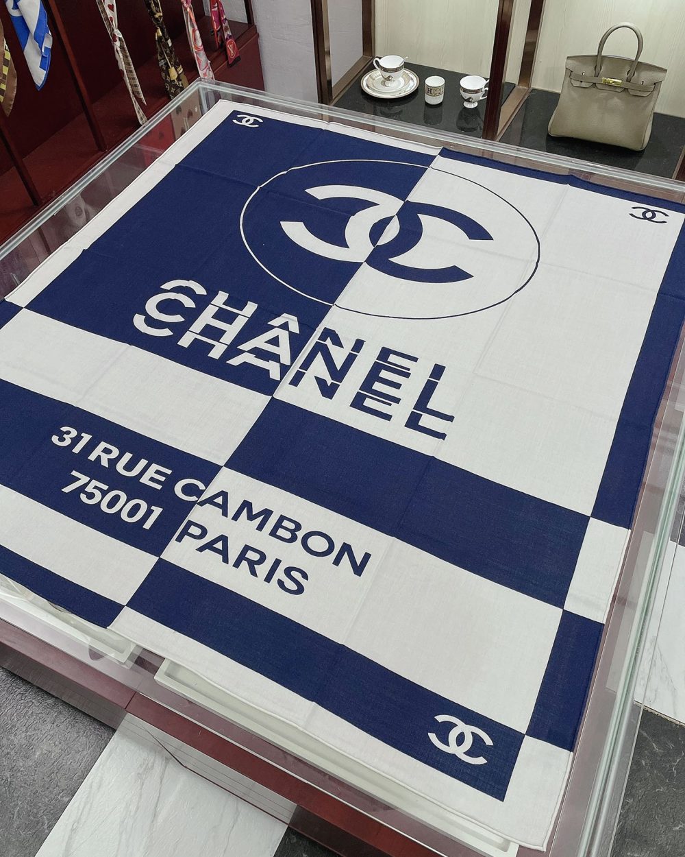 Chanel 31 Rue Cambon Pattern in Blue and White Square Scarf 140cm/55in