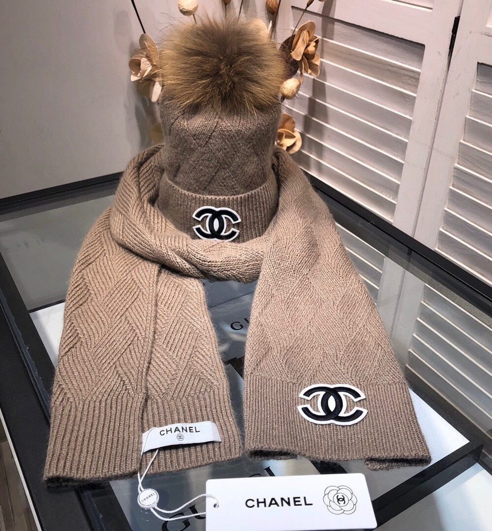 Chanel Beanie & Scarf Set In Brown 
