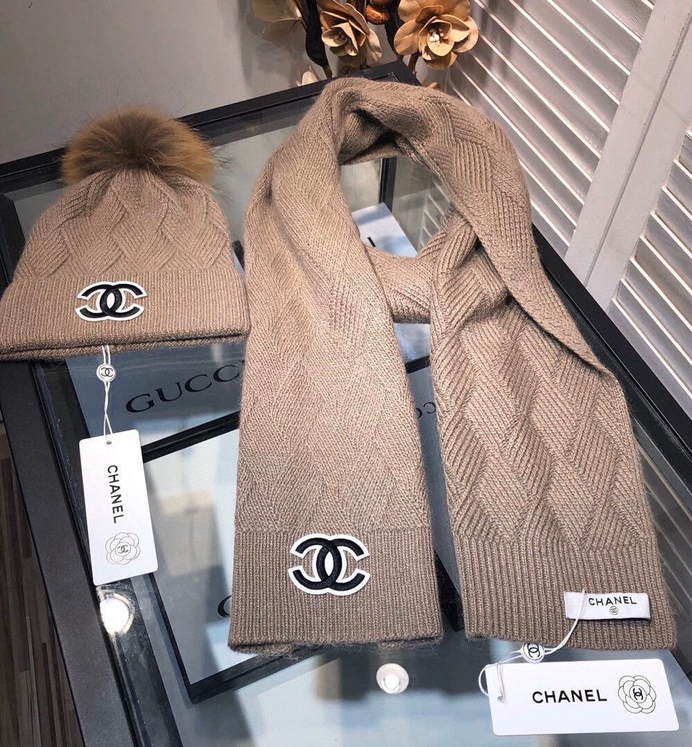 Chanel Beanie & Scarf Set In Brown 