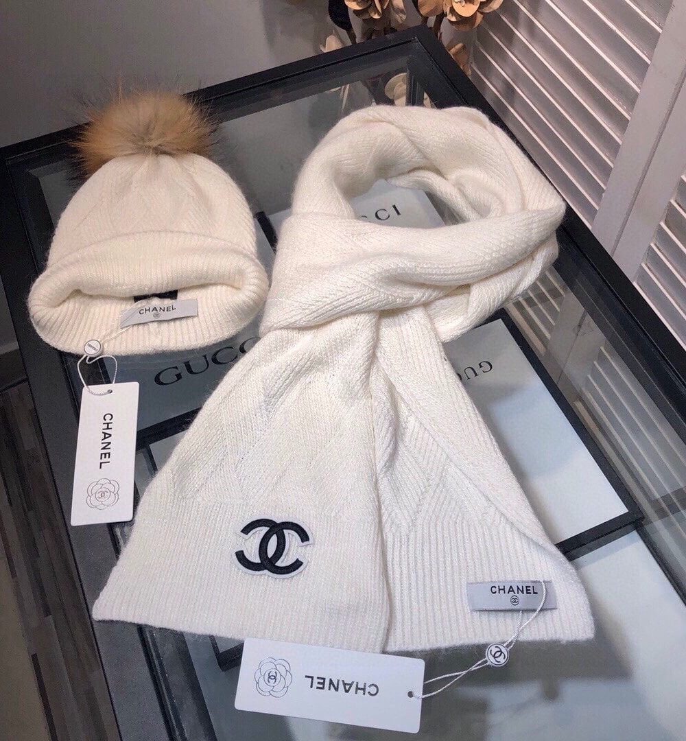 Chanel Beanie & Scarf Set In White 