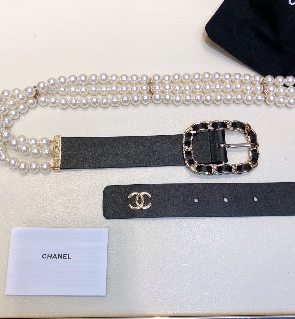 1:1 Replica Chanel Belt In Black Imitation Pearls With Gold-Toned Square Metal and Strass Women Belt