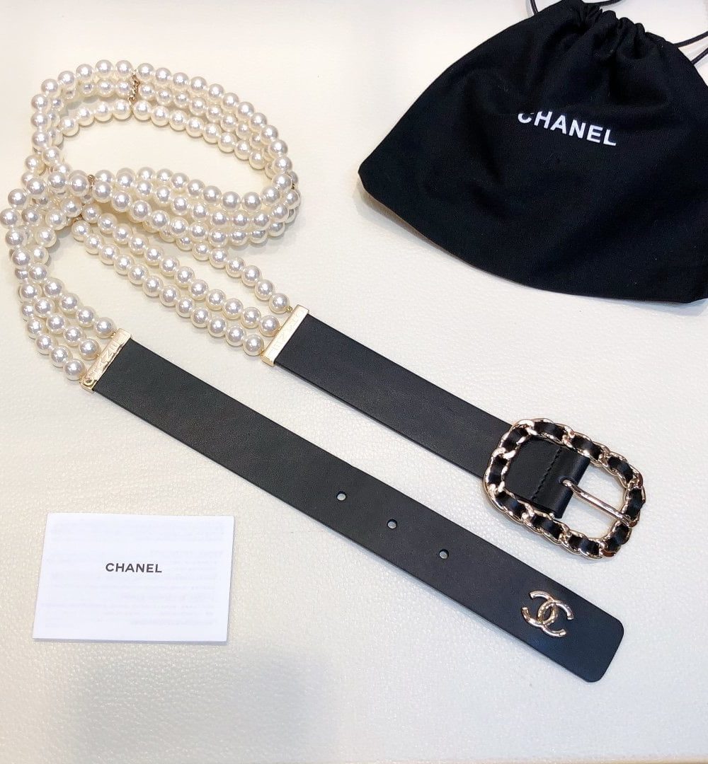 1:1 Replica Chanel Belt In Black Imitation Pearls With Gold-Toned Square Metal and Strass Women Belt