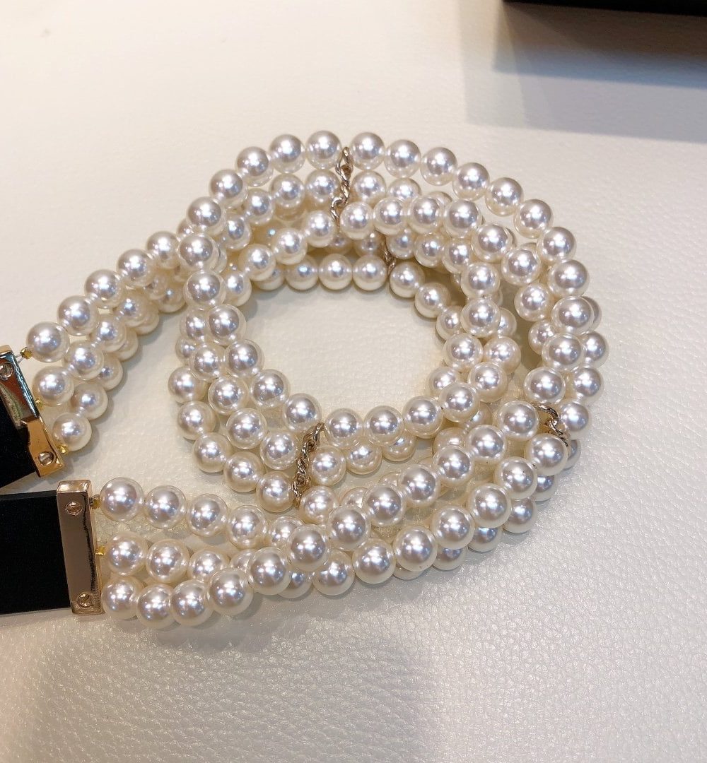 1:1 Replica Chanel Belt In Black Imitation Pearls With Gold-Toned Square Metal and Strass Women Belt