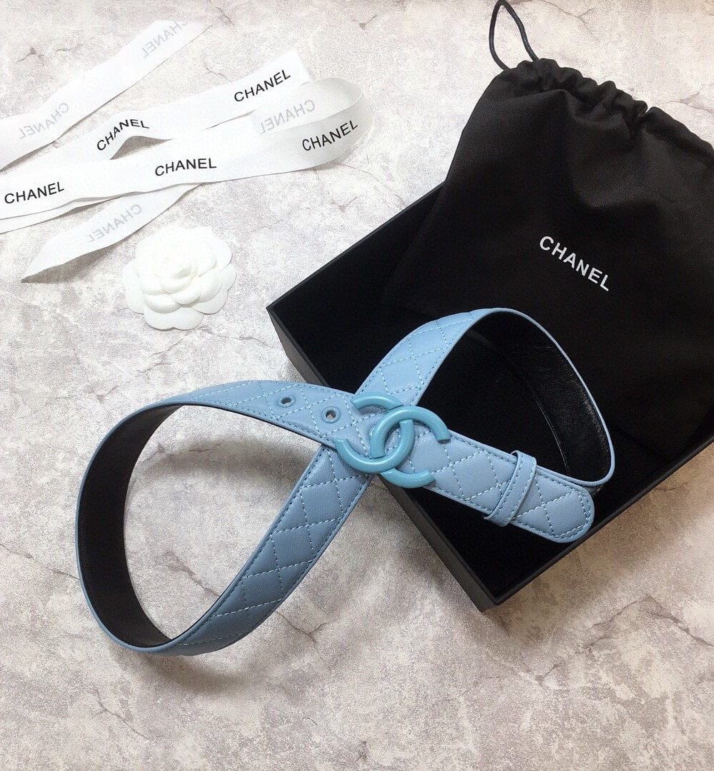 1:1 Replica Chanel Belt Quilted With Double C Buckle Light Blue With Light Blue Hardware Women Belt