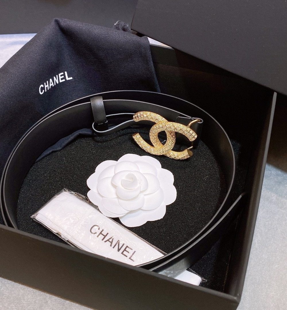 1:1 Replica Chanel Belt With Beaded Buckle Black Gold-Toned Metal and Strass Women Belt