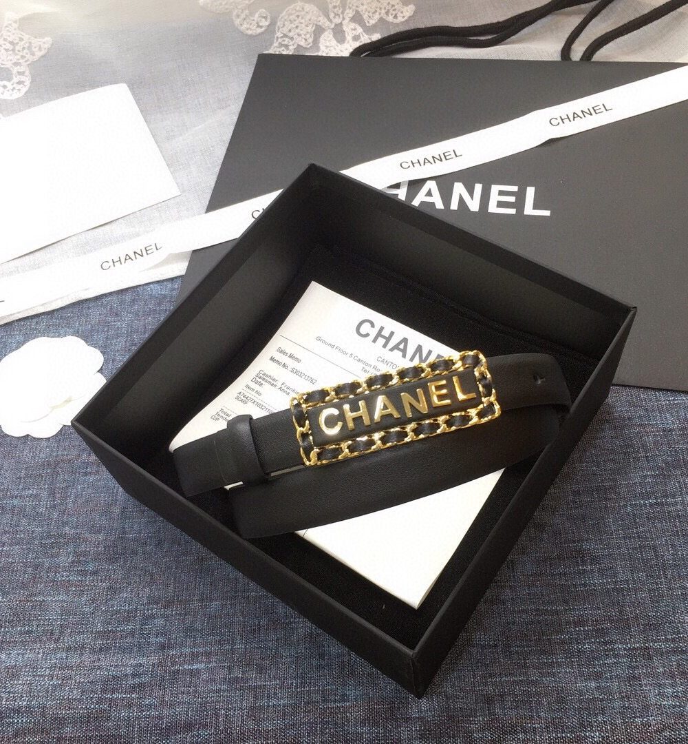 1:1 Replica Chanel Belt With Chanel Signature Black with Gold-Toned Metal Hardware Women Belt
