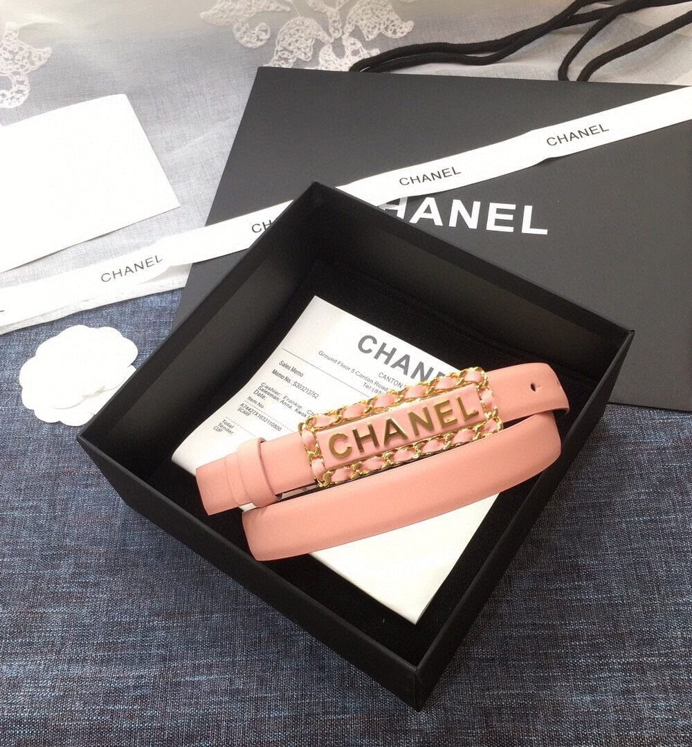 1:1 Replica Chanel Belt With Chanel Signature Light Pink with Gold-Toned Metal Hardware Women Belt