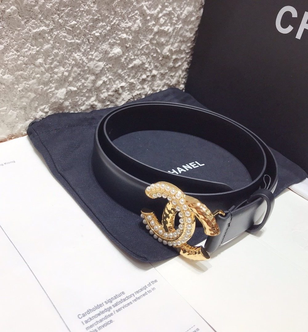 1:1 Replica Chanel Belt With Double C Buckle Black With Beaded and Silver Gold Women Belt