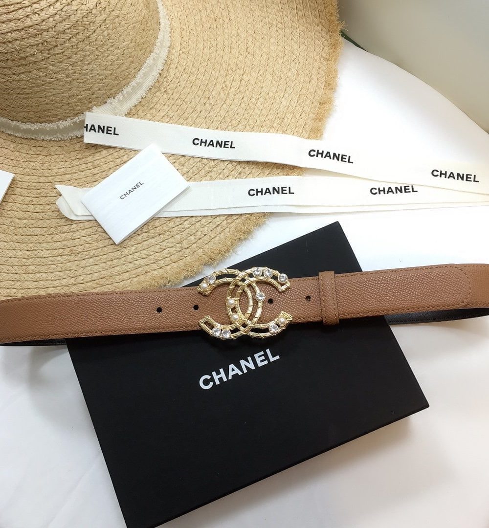 1:1 Replica Chanel Belt With Double C Buckle Brown Gold Chanel Logo Hardware Women Belt