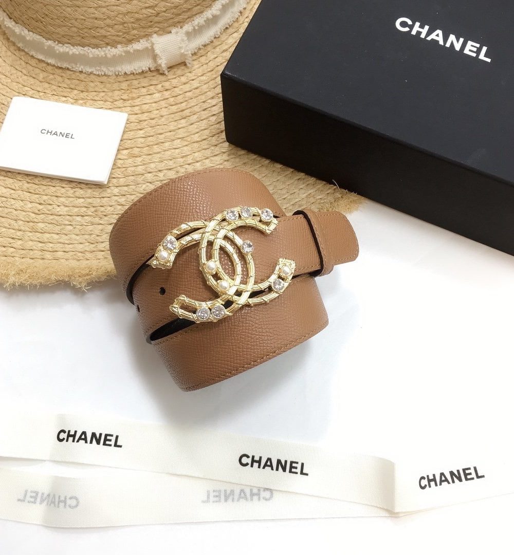 1:1 Replica Chanel Belt With Double C Buckle Brown Gold Chanel Logo Hardware Women Belt