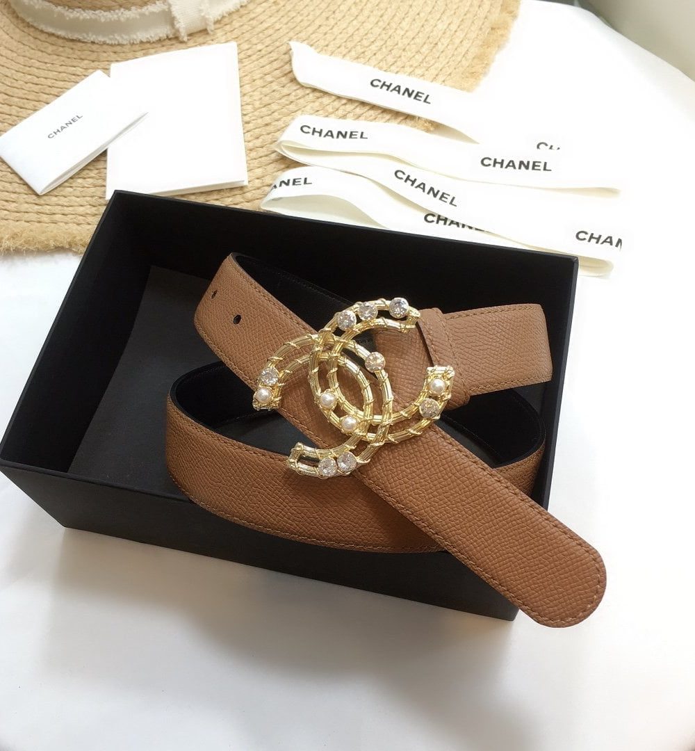 1:1 Replica Chanel Belt With Double C Buckle Brown Gold Chanel Logo Hardware Women Belt