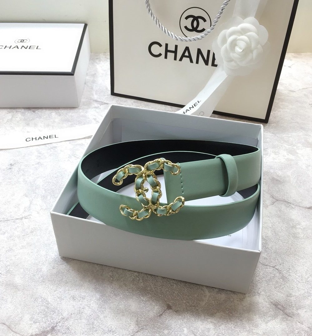 1:1 Replica Chanel Belt With Double C Buckle Jade Green with Mini Gold mix Jade Green Hardware Women Belt