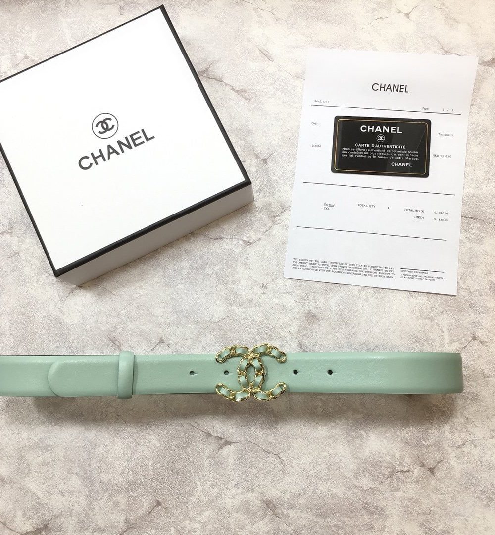 1:1 Replica Chanel Belt With Double C Buckle Jade Green with Mini Gold mix Jade Green Hardware Women Belt