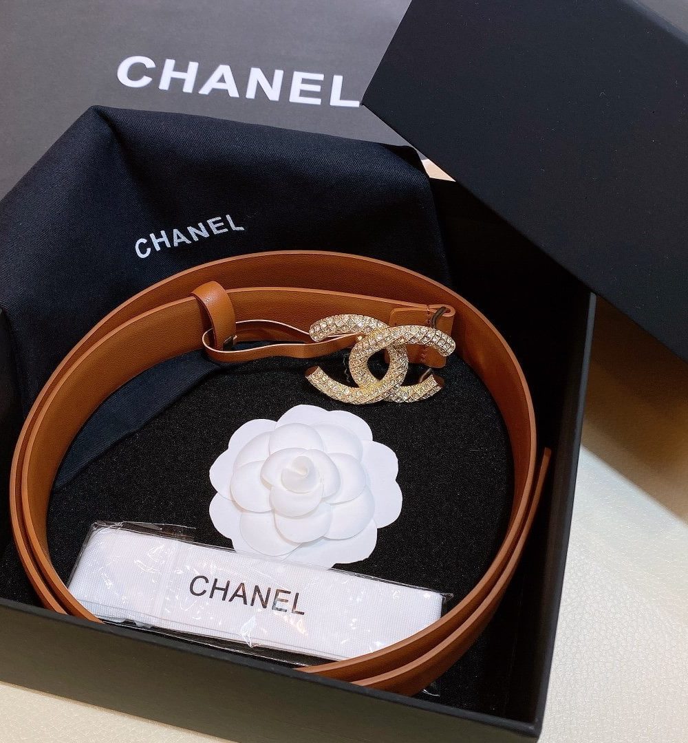 1:1 Replica Chanel Brown Belt With Double C Buckle Gold-Toned and Strass Metal Women Belt