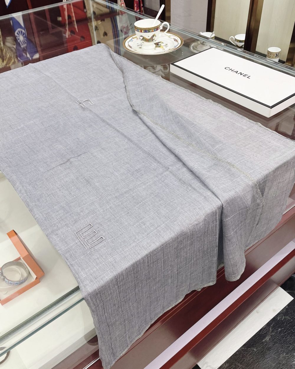 Chanel Cashmere Silk Rectangle Light Blue Scarf Large 200cm/78in 