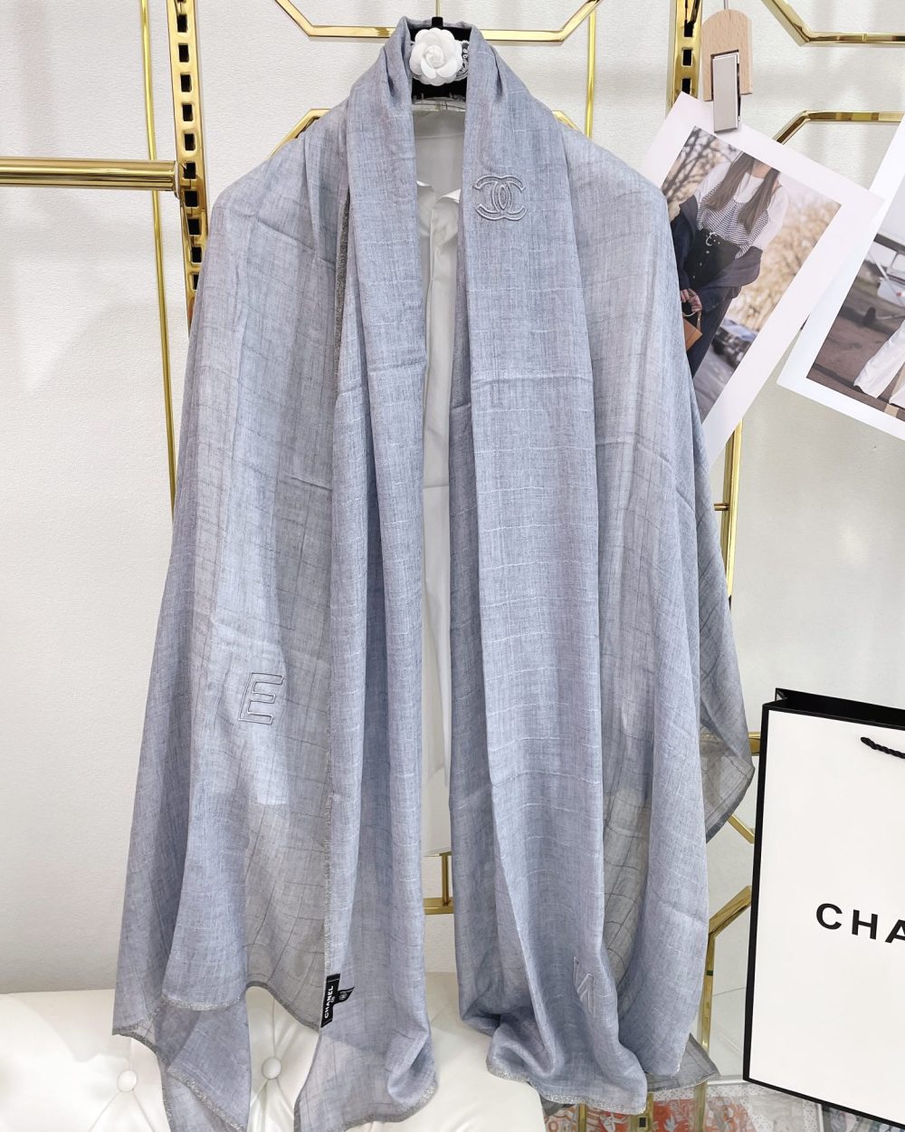 Chanel Cashmere Silk Rectangle Light Blue Scarf Large 200cm/78in 