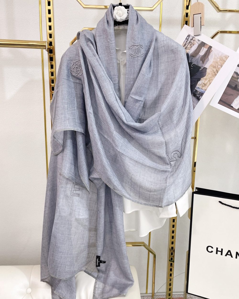 Chanel Cashmere Silk Rectangle Light Blue Scarf Large 200cm/78in 