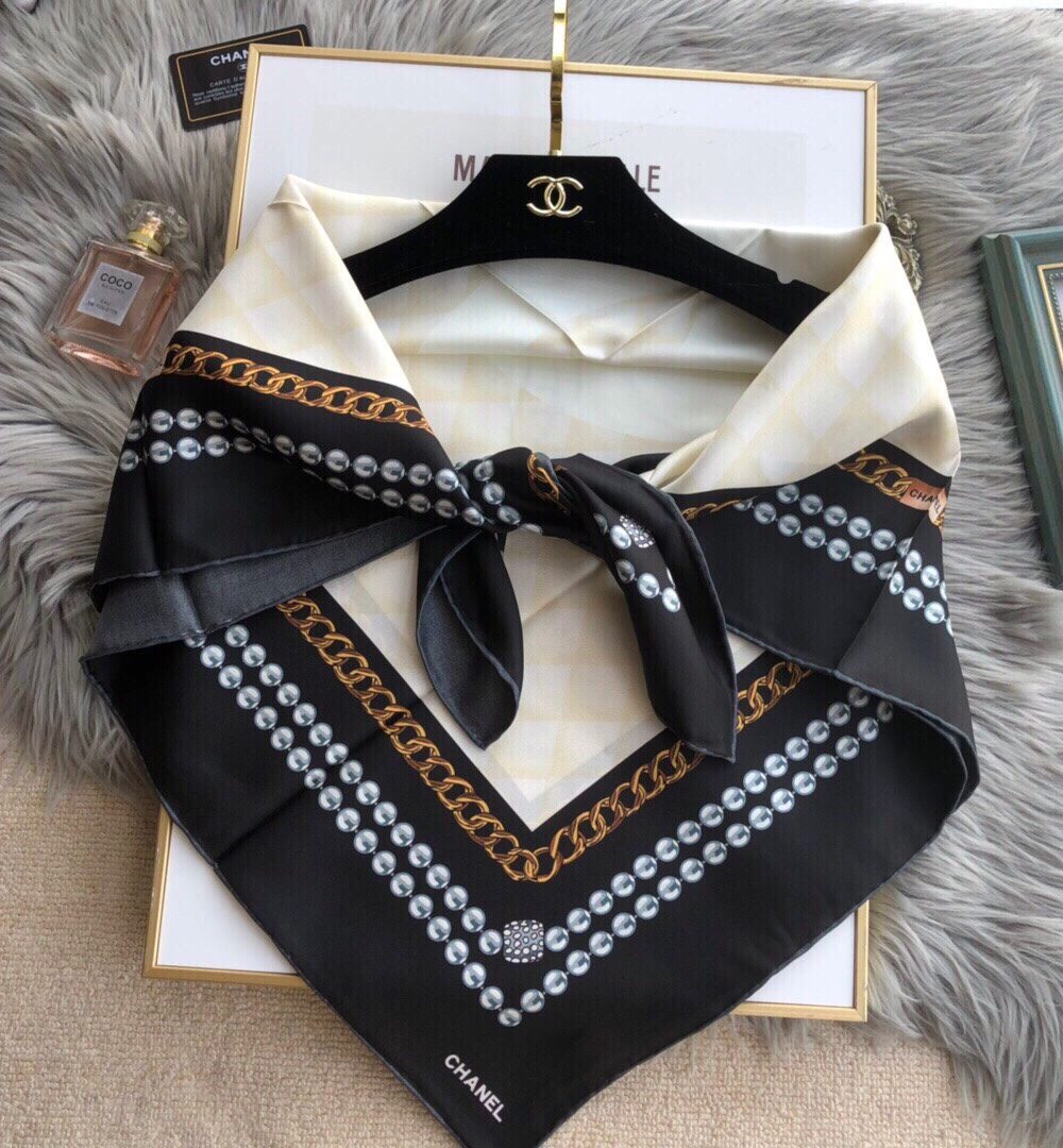 Chanel CC Pattern in Beige Black Border Square Scarf 110cm/43in 