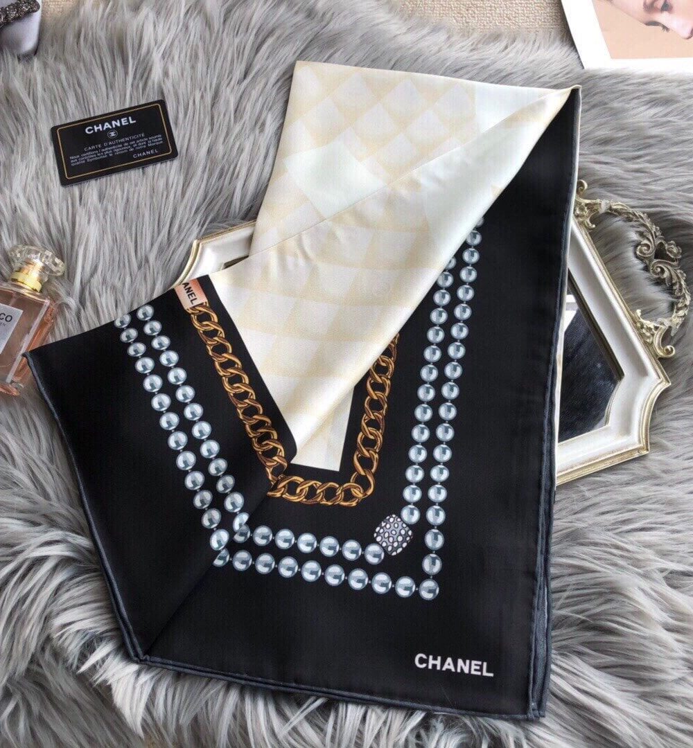 Chanel CC Pattern in Beige Black Border Square Scarf 110cm/43in 