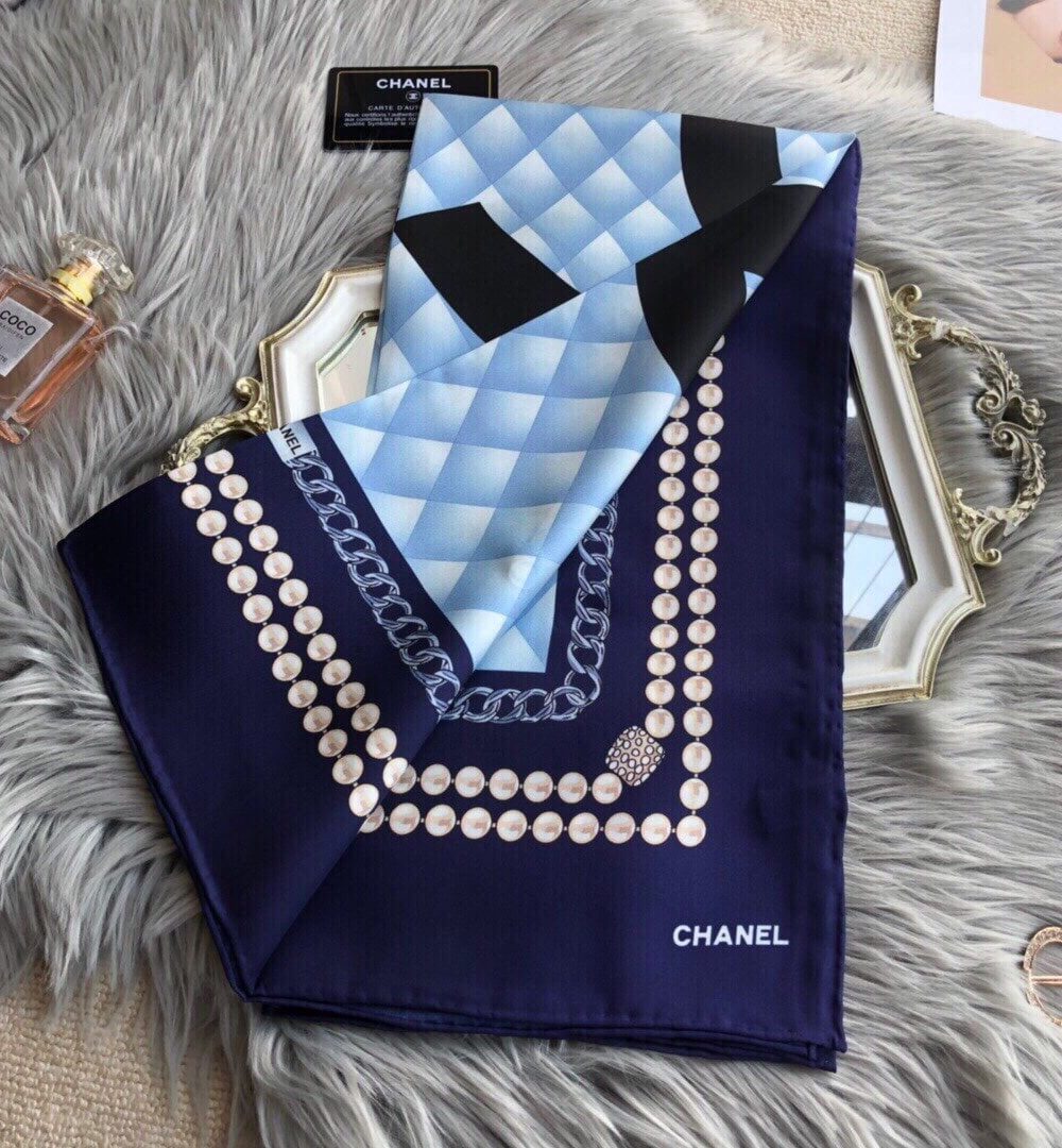 Chanel CC Pattern in Blue Black Border Square Scarf 110cm/43in 