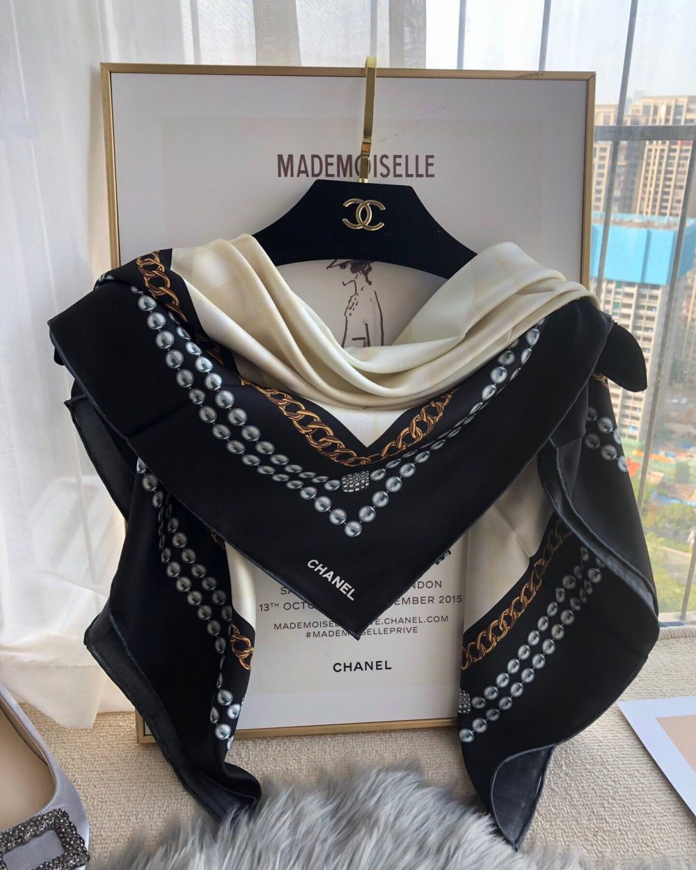 Chanel CC Pattern in Blue Black Border Square Scarf 110cm/43in 