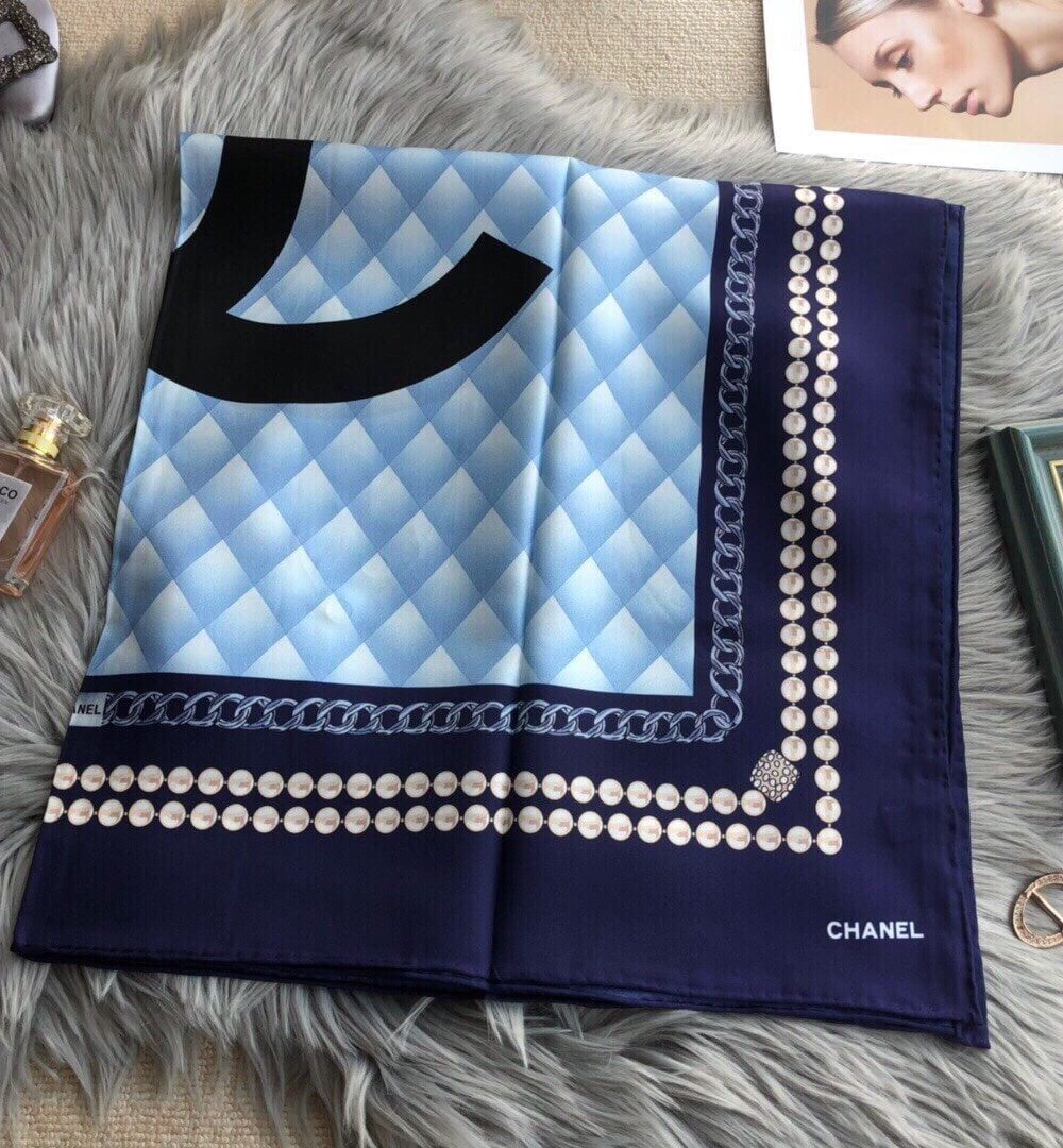 Chanel CC Pattern in Blue Black Border Square Scarf 110cm/43in 