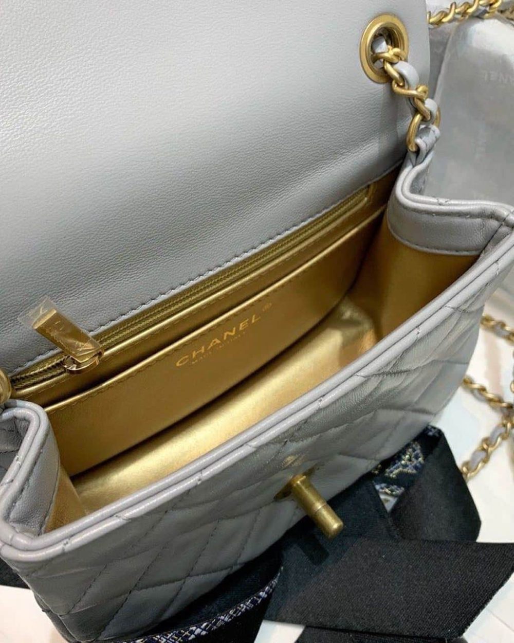 [REP 1:1] Chanel Classic Flap With Charm Chain With CC Details On Strap Bag 17cm/7inch Gold Hardware Grey