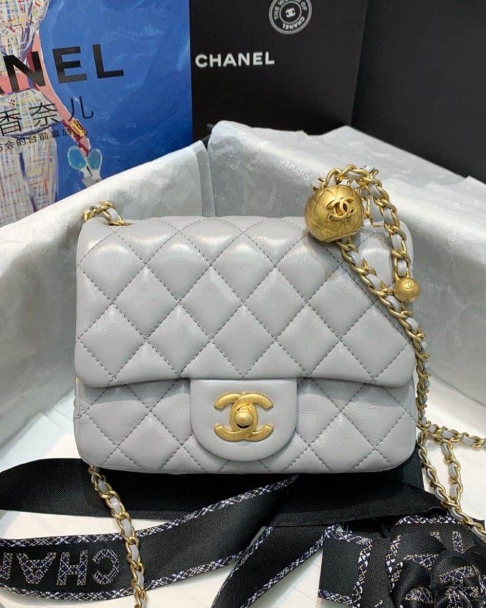 [REP 1:1] Chanel Classic Flap With Charm Chain With CC Details On Strap Bag 17cm/7inch Gold Hardware Grey