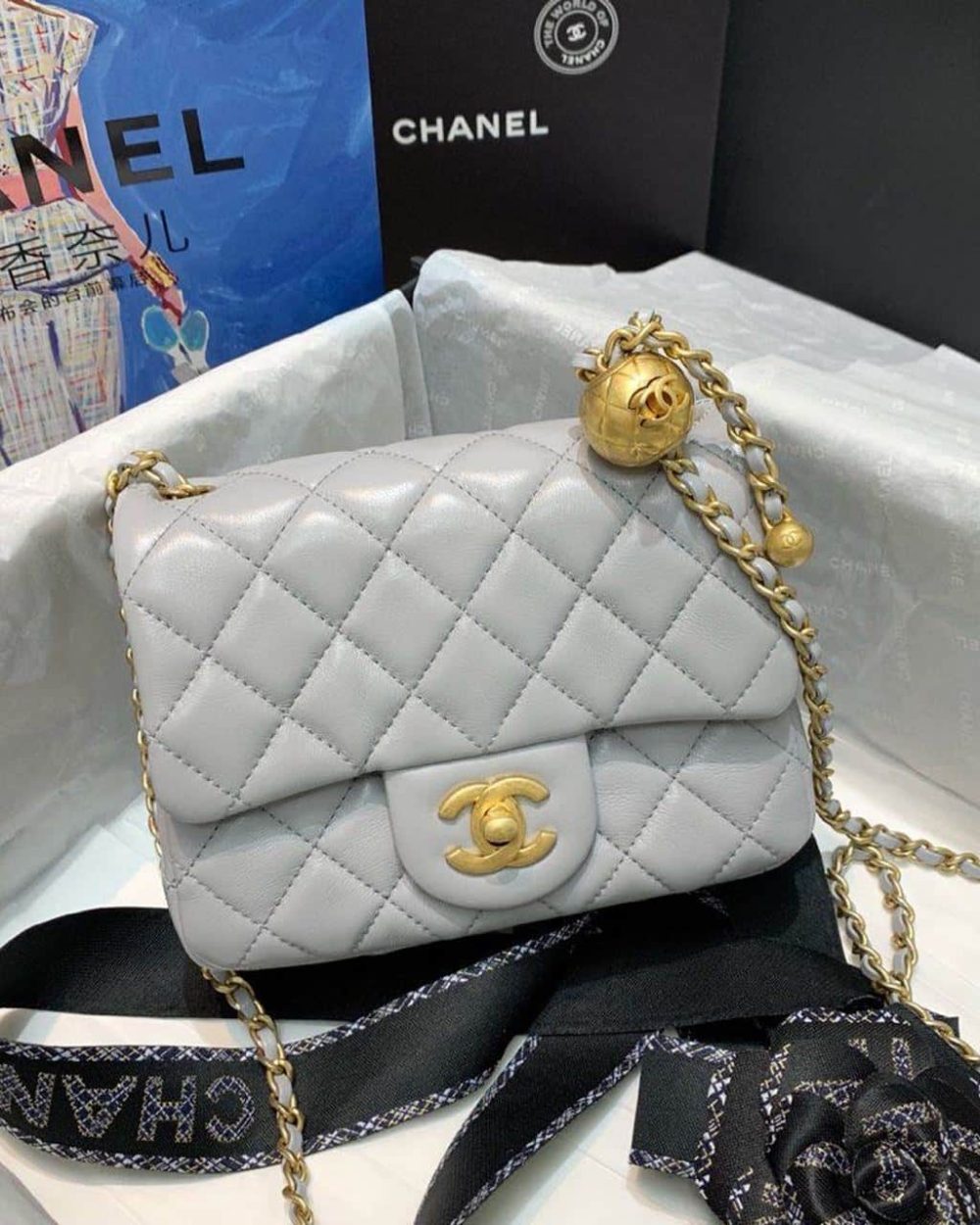 [REP 1:1] Chanel Classic Flap With Charm Chain With CC Details On Strap Bag 17cm/7inch Gold Hardware Grey