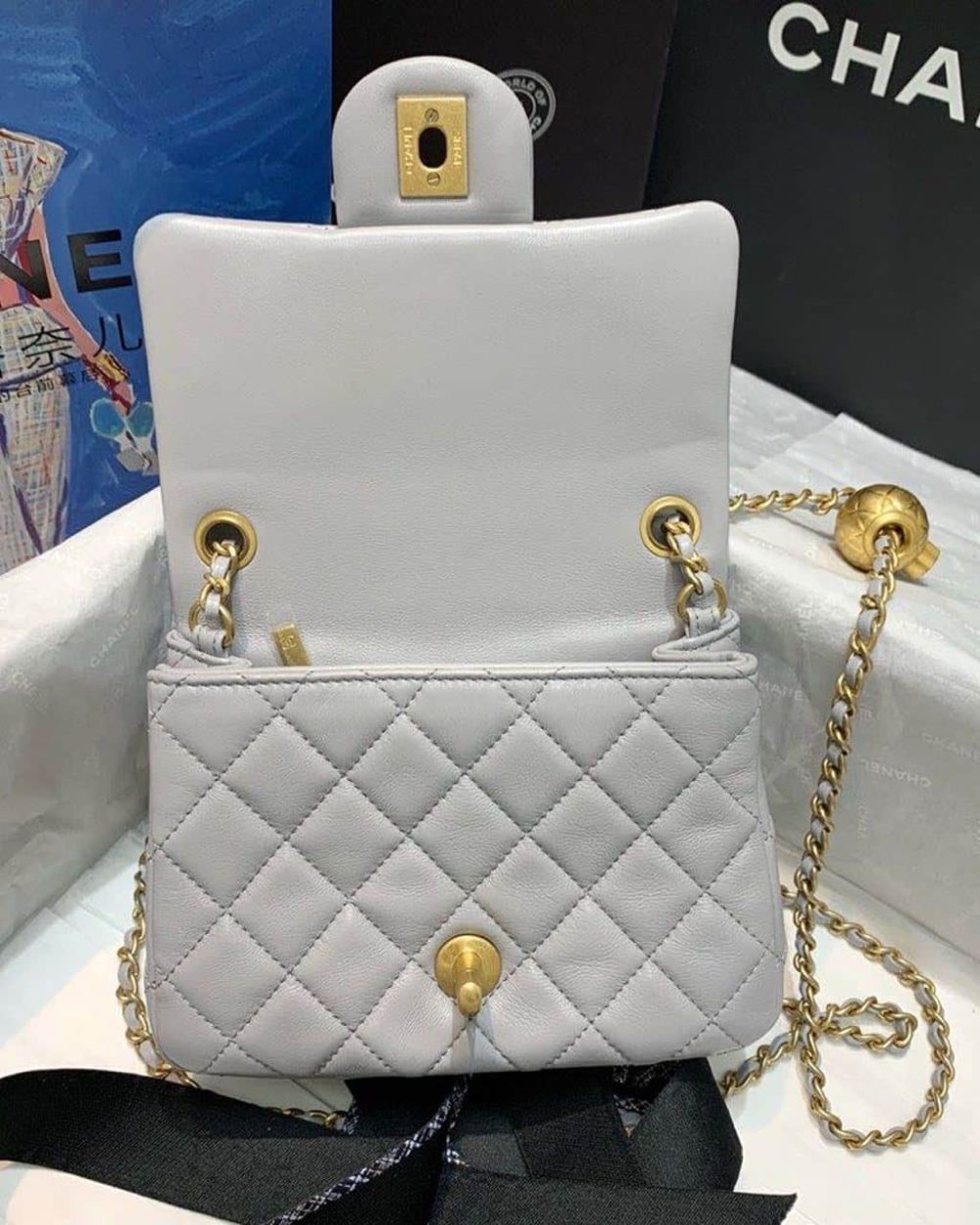 [REP 1:1] Chanel Classic Flap With Charm Chain With CC Details On Strap Bag 17cm/7inch Gold Hardware Grey