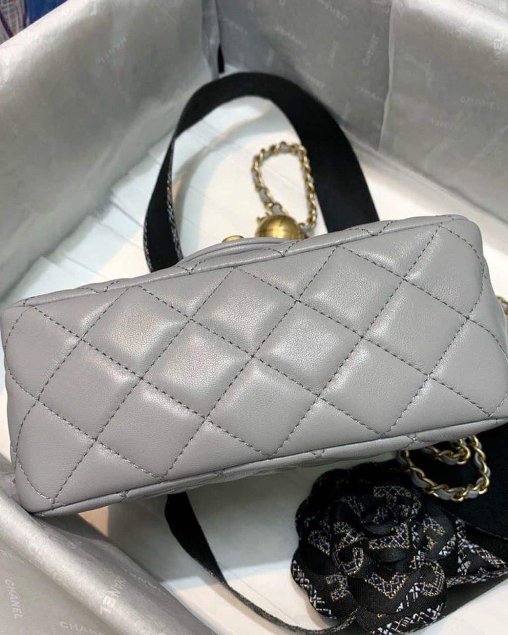 [REP 1:1] Chanel Classic Flap With Charm Chain With CC Details On Strap Bag 17cm/7inch Gold Hardware Grey