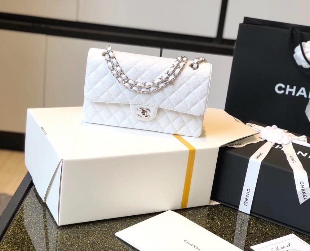 [REP 1:1] Chanel Classic Medium Flapbag Silver Hardware White 10in/25.5cm