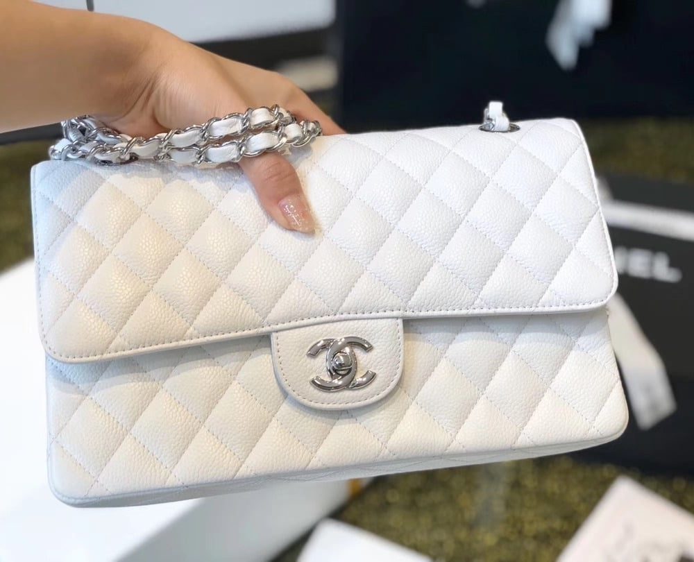 [REP 1:1] Chanel Classic Medium Flapbag Silver Hardware White 10in/25.5cm
