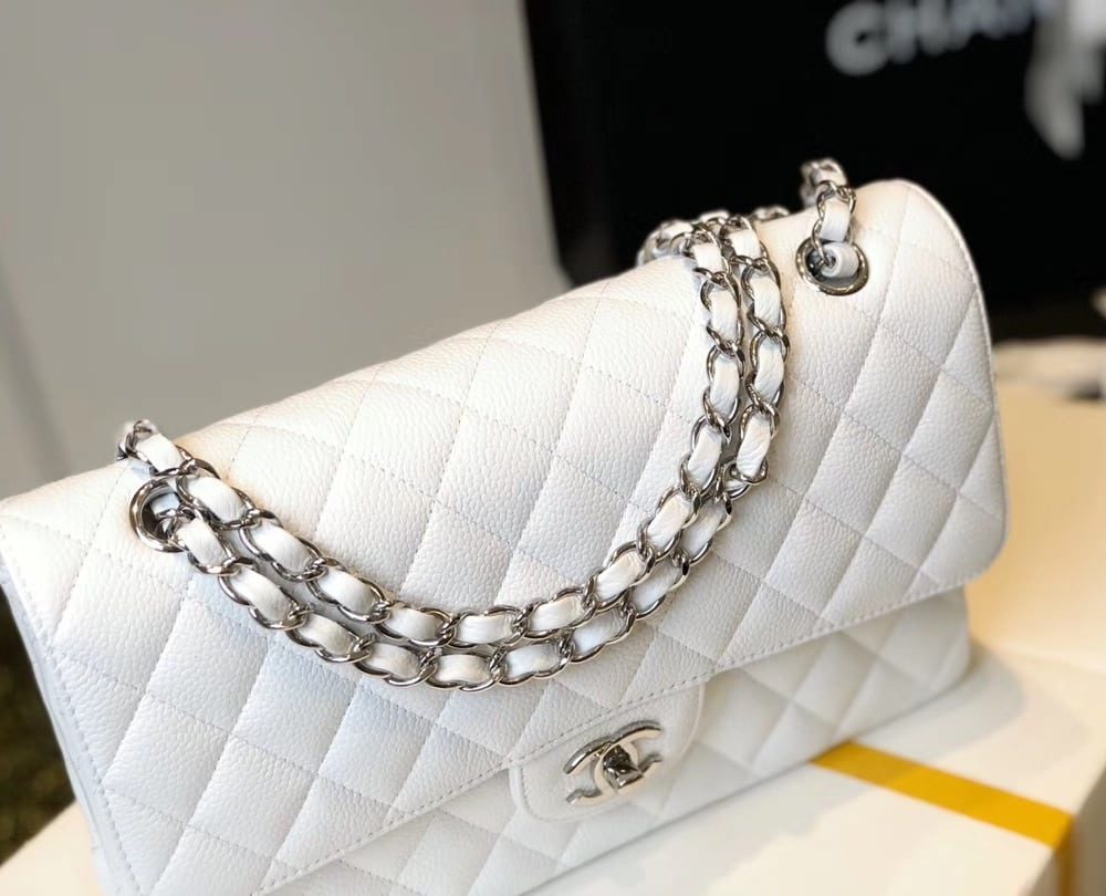 [REP 1:1] Chanel Classic Medium Flapbag Silver Hardware White 10in/25.5cm